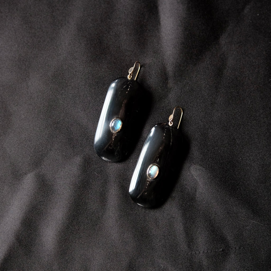 Hand Carved Horn Panel Earrings with Labrodorite