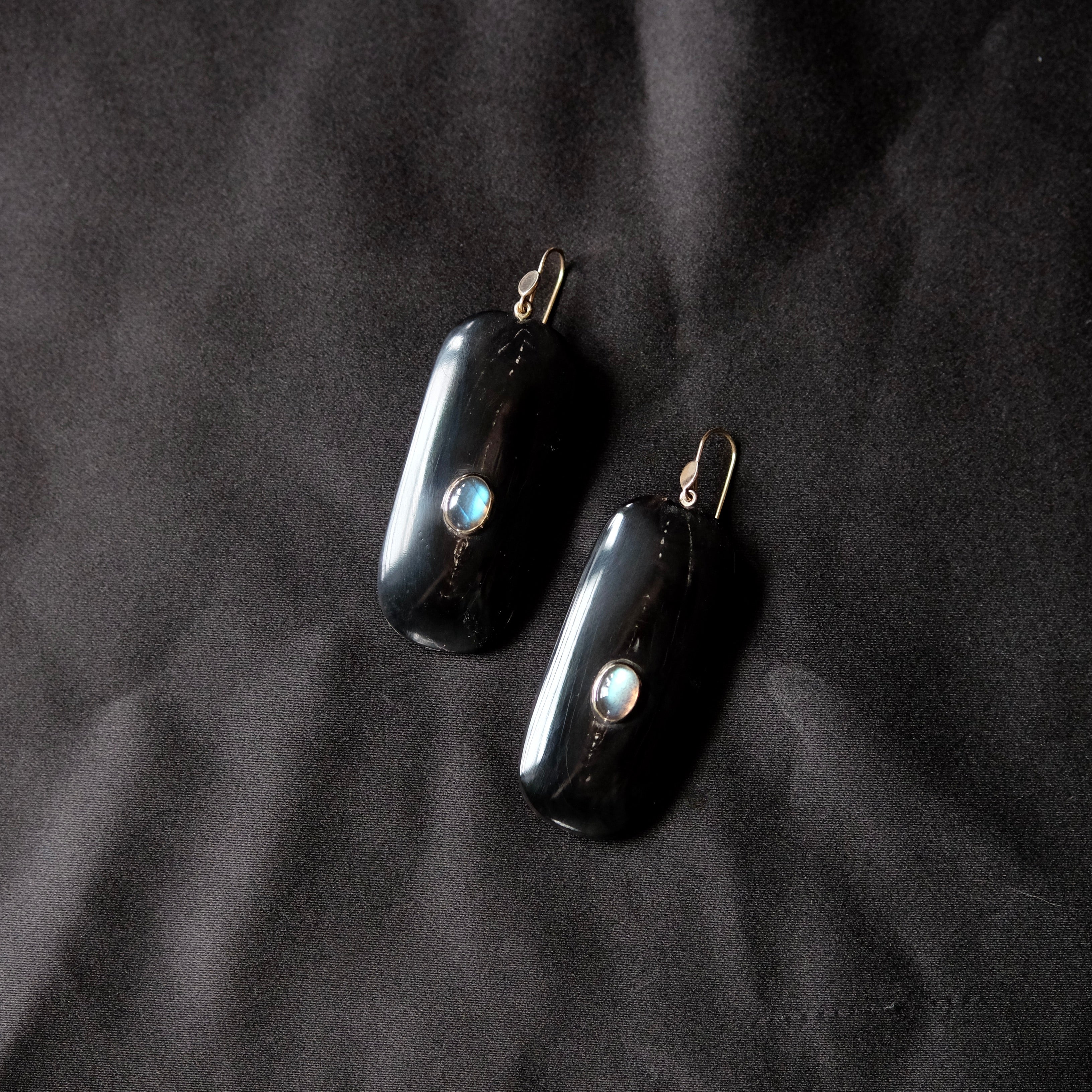 Hand Carved Horn Panel Earrings with Labrodorite