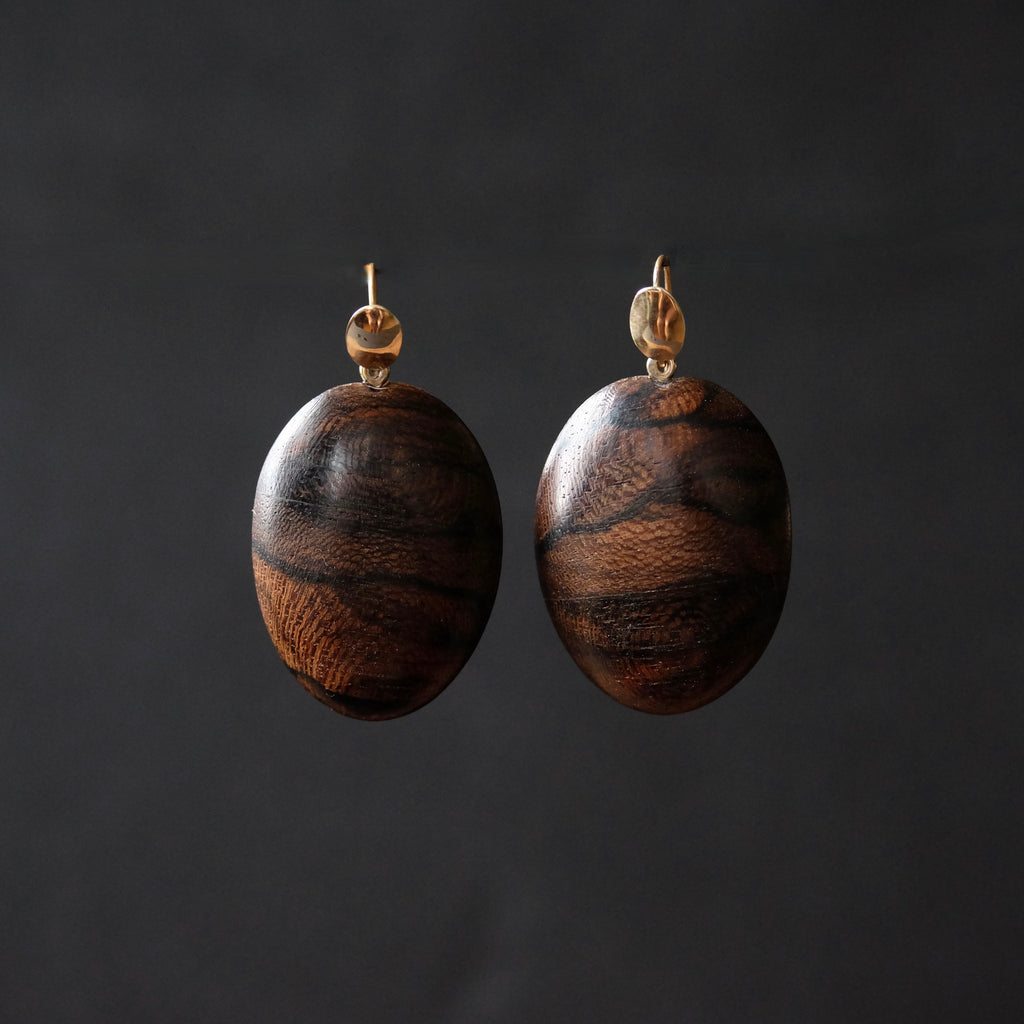 Hand Carved Oval Wood Earrings