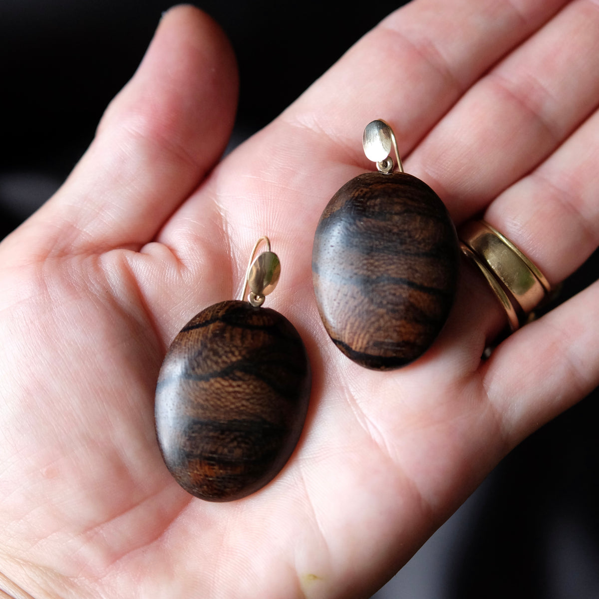 Hand Carved Oval Wood Earrings