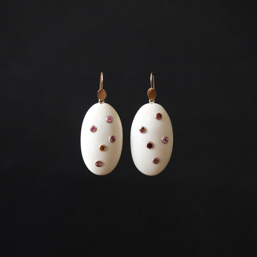 Hand Carved Oval Fossil Ivory Earrings with Tourmaline