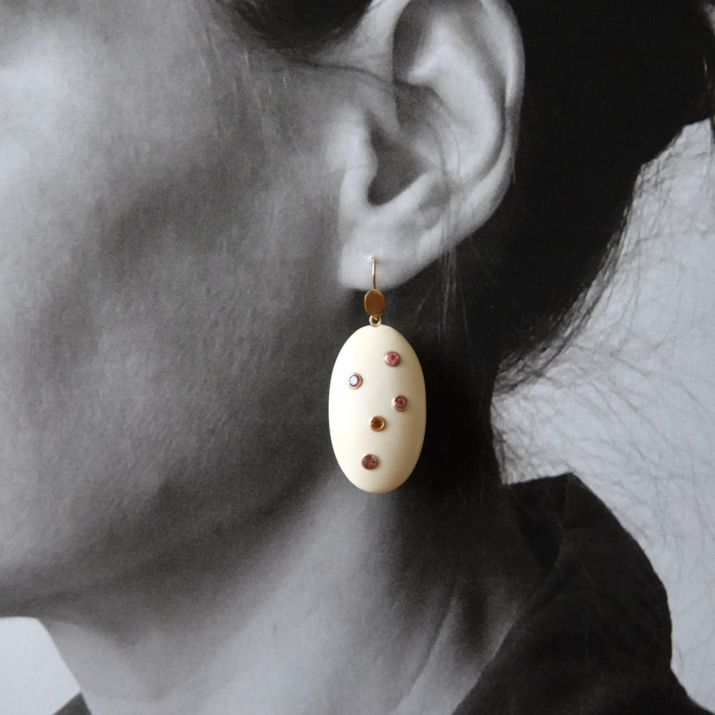 Hand Carved Oval Fossil Ivory Earrings with Tourmaline