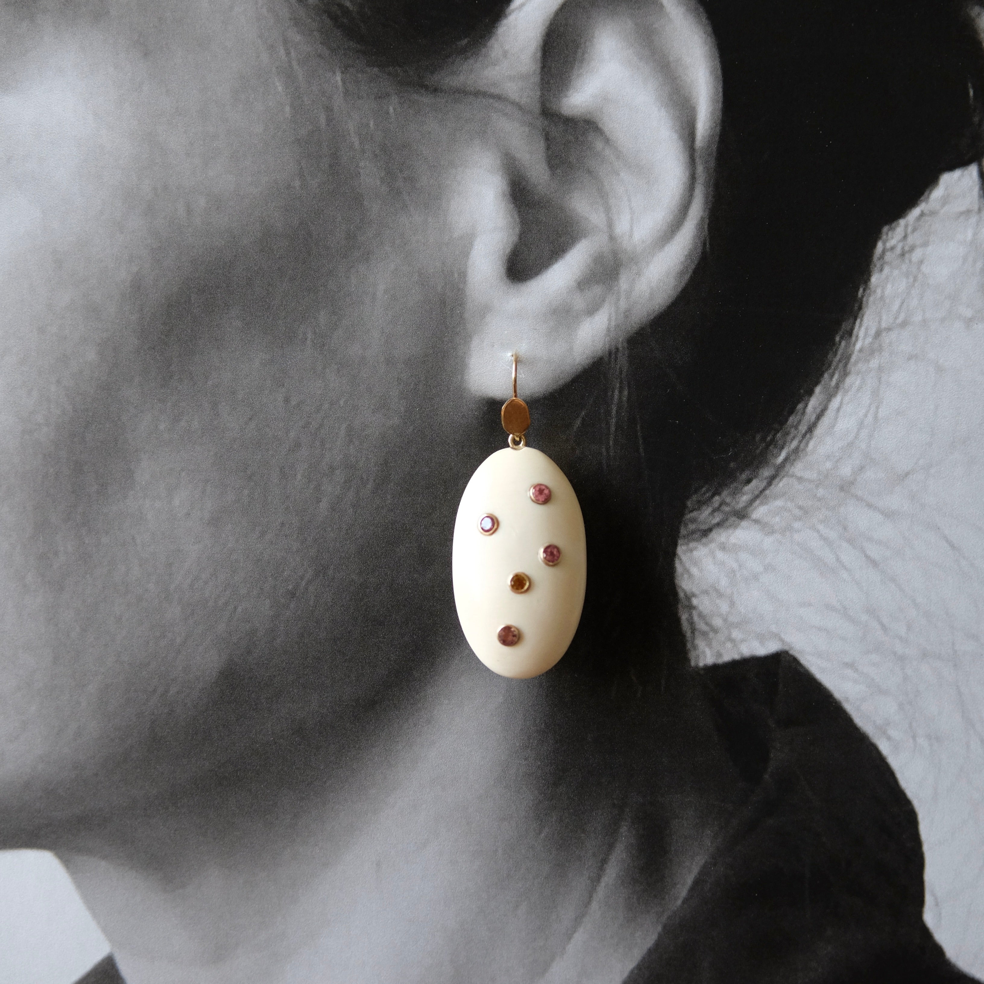 Hand Carved Oval Fossil Ivory Earrings with Tourmaline
