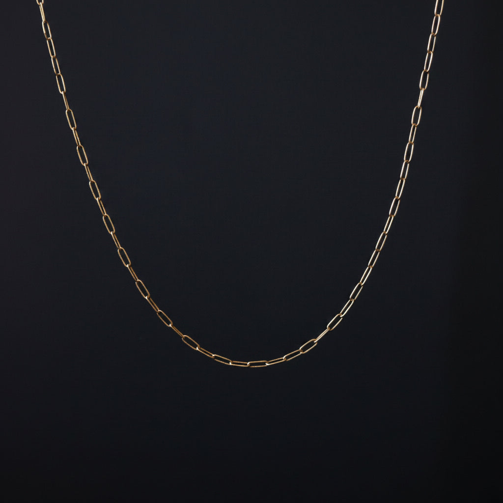 A delicate gold paperclip chain necklace draped in a U-shape against a dark textured background.