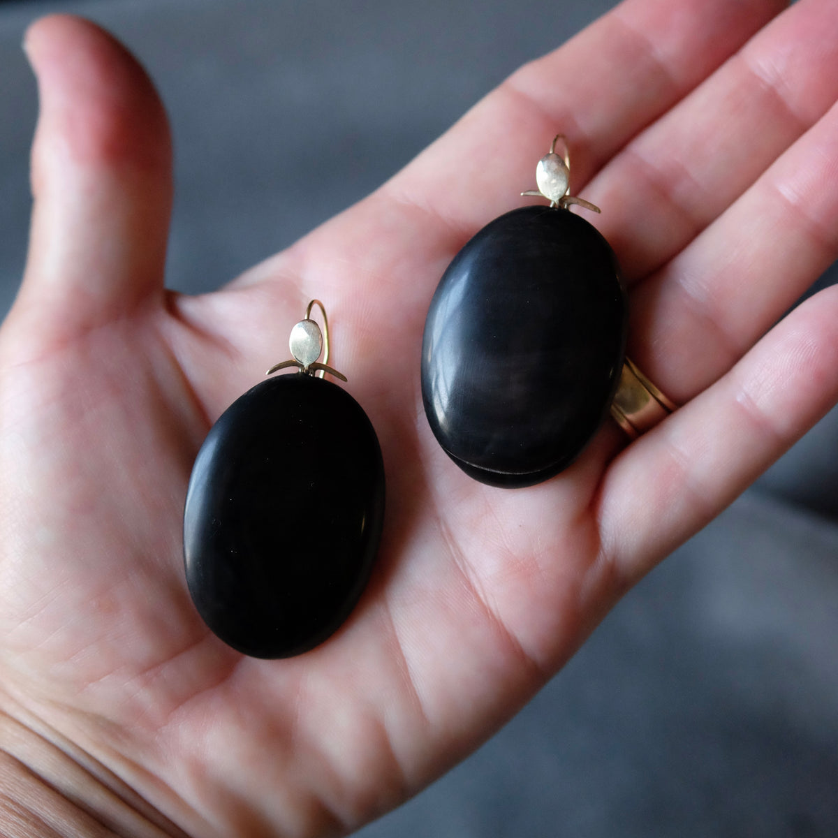 Large Oval Black Horn Earrings with 14K gold