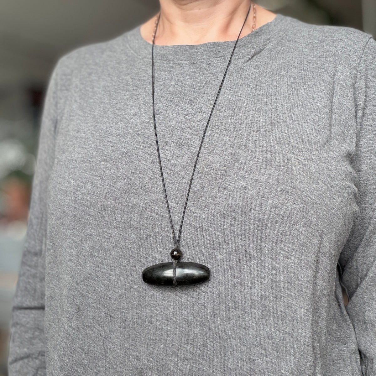 Hand Carved Black Horn Pendant with Obsidian