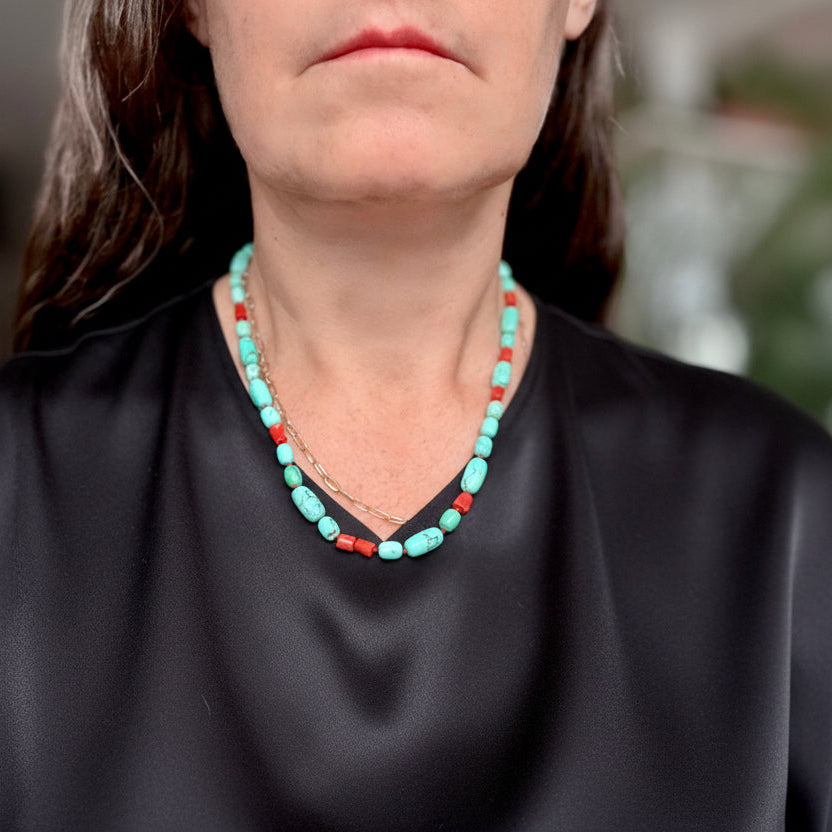 Turquoise and Coral Bead Necklace