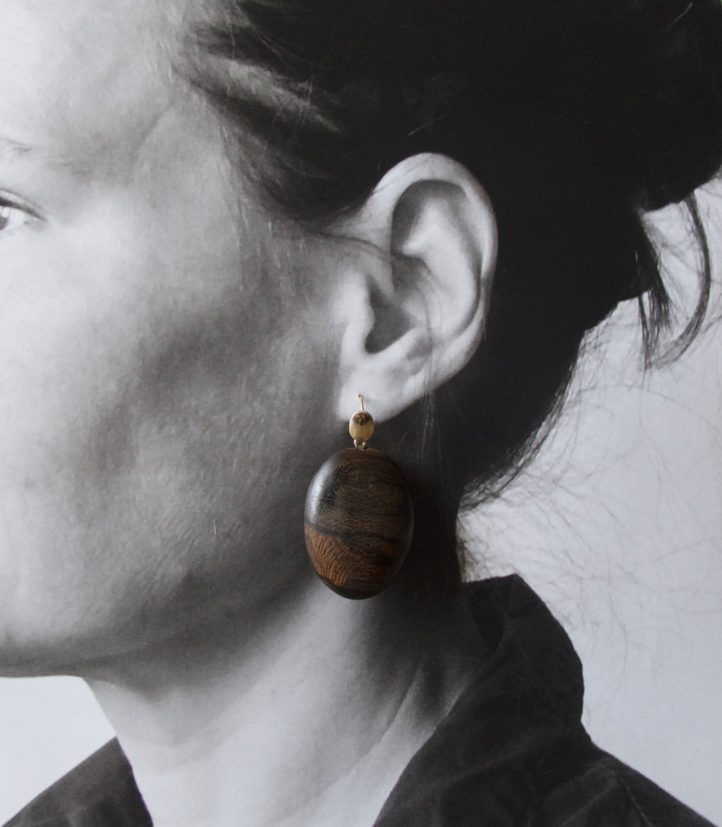 Hand Carved Oval Wood Earrings