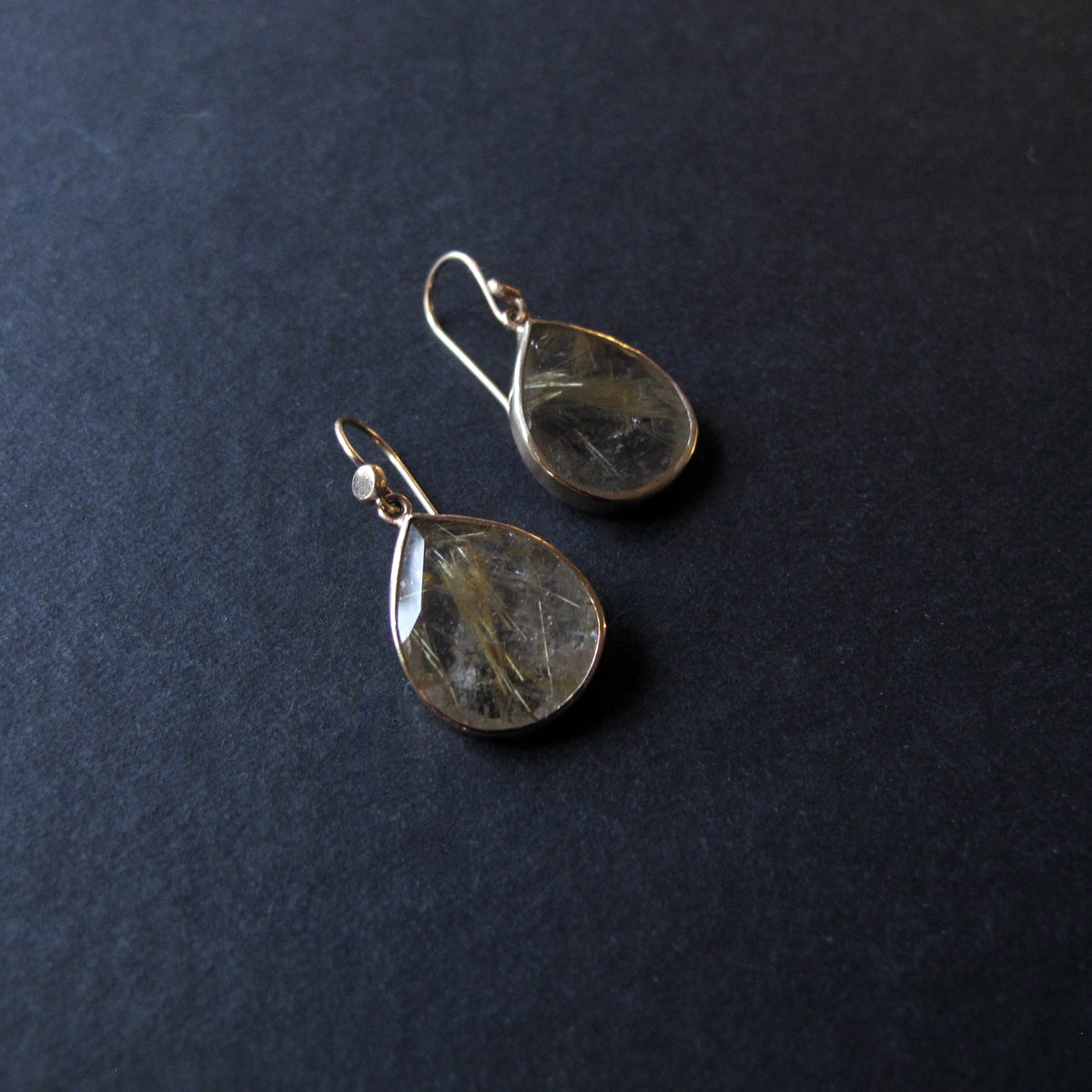 Rutilated Quartz and Gold Pear Cut Earrings