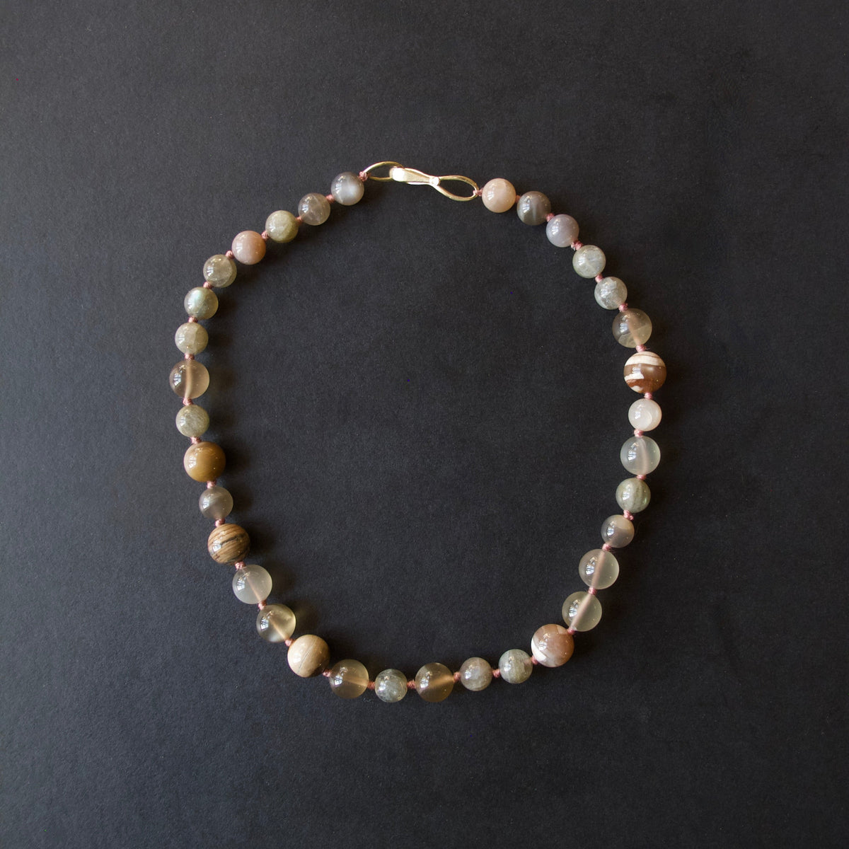 Pale Moonstone, Labordorite, and Petrified Wood Necklace