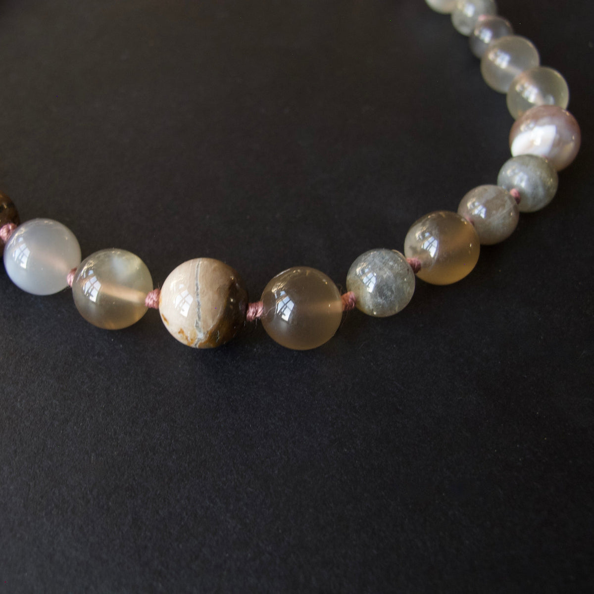 Moonstone, Labradorite and Petrified Wood Beaded Necklace