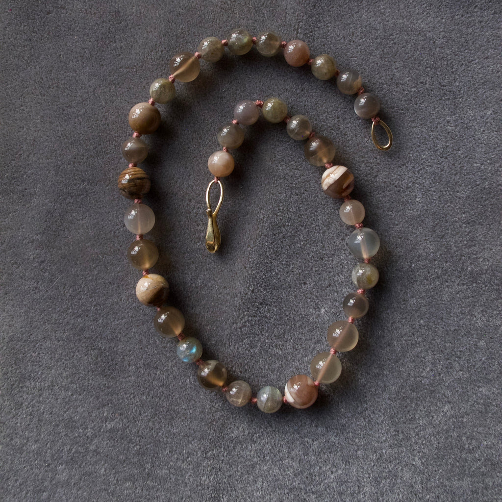 Pale Moonstone, Labordorite, and Petrified Wood Necklace
