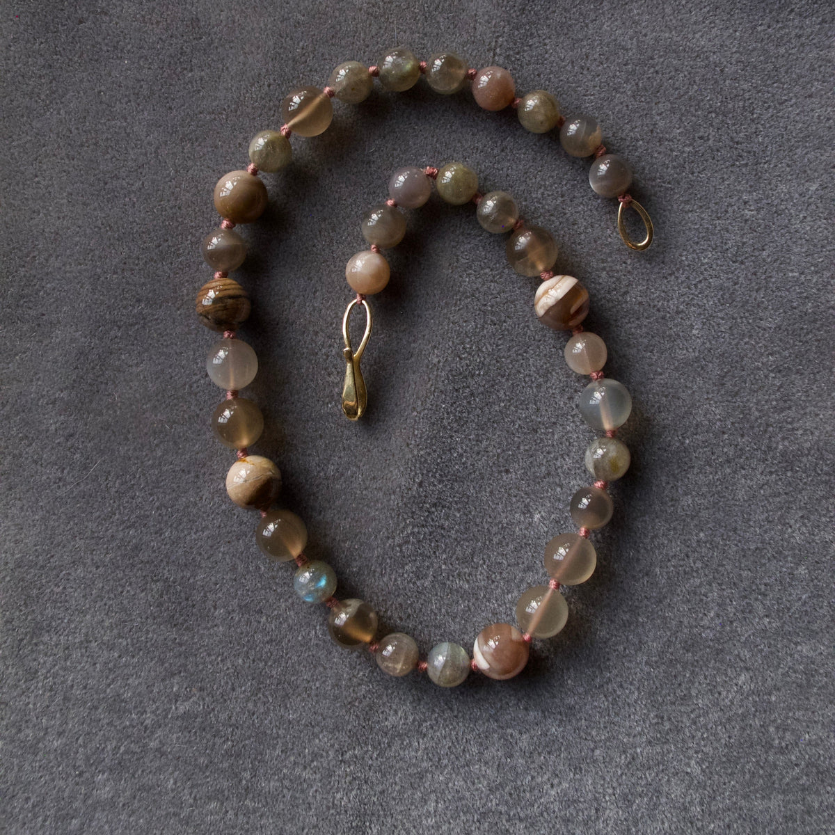 Moonstone, Labradorite and Petrified Wood Beaded Necklace