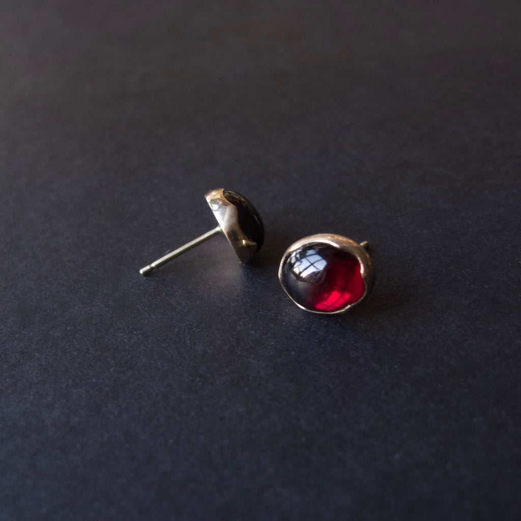 Garnet Oval Cabochon Stud Earrings