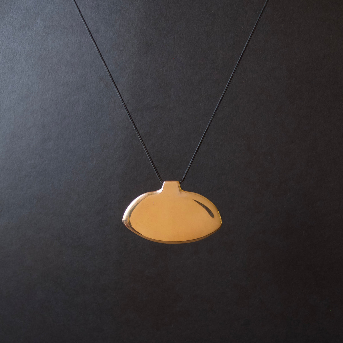 A minimalist gold pendant necklace with a flat, organic shape suspended from a thin black cord against a dark textured background.