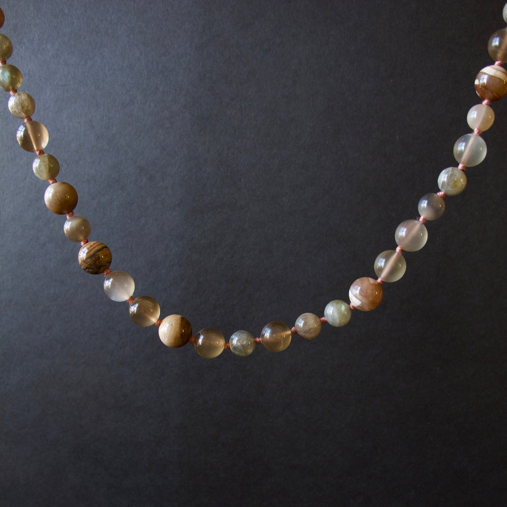 Pale Moonstone, Labordorite, and Petrified Wood Necklace