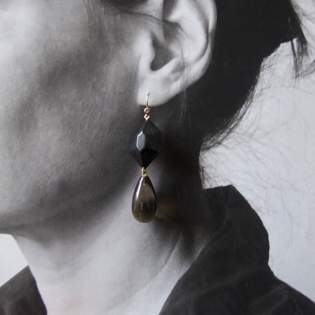 Carved Black Horn and Smoky Quartz Earrings