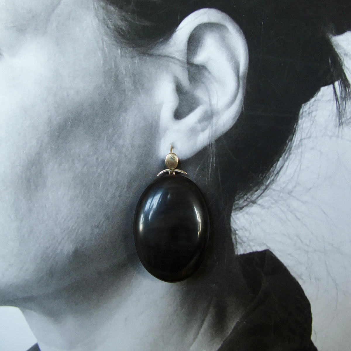 Large Oval Black Horn Earrings with 14K gold