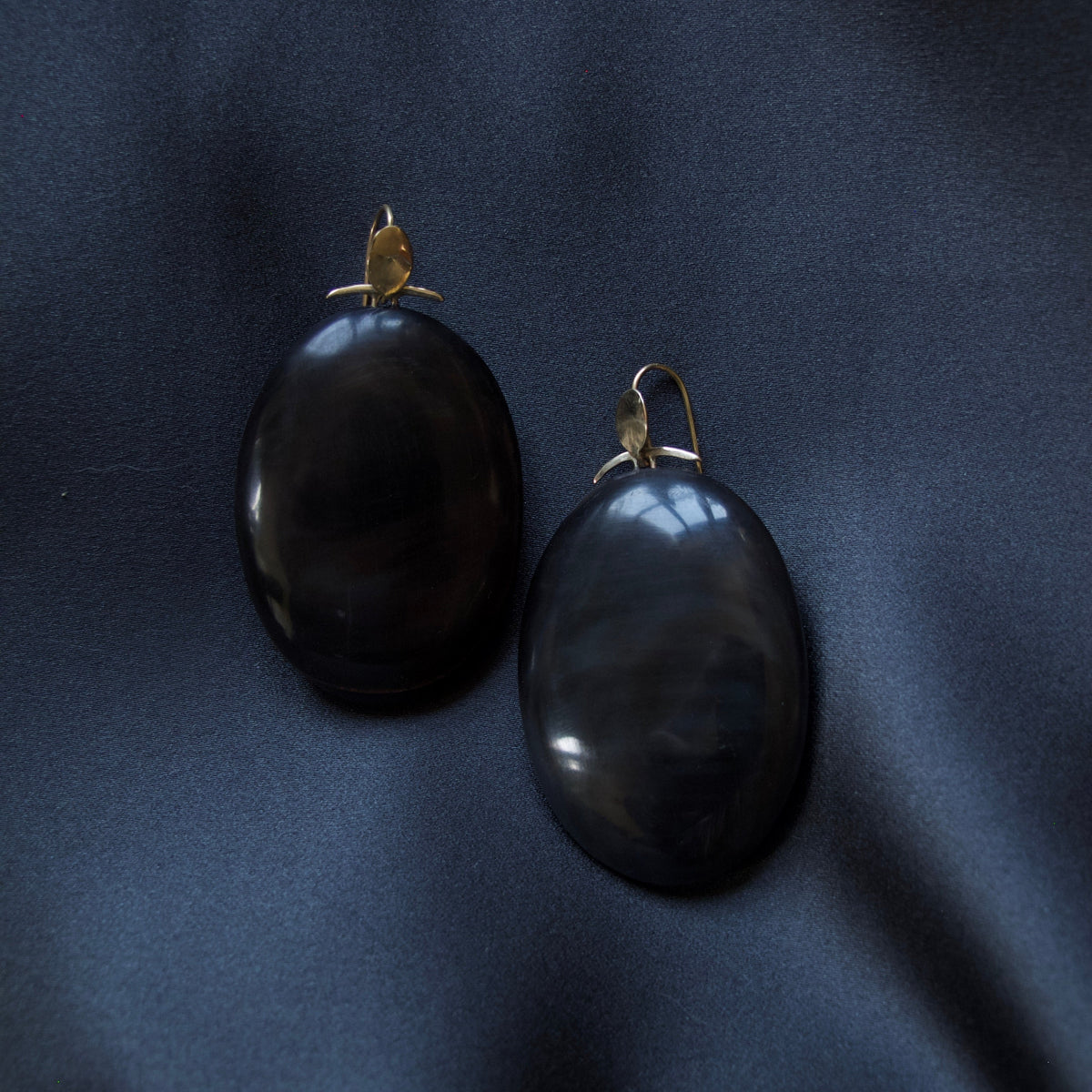 Large Oval Black Horn Earrings with 14K gold