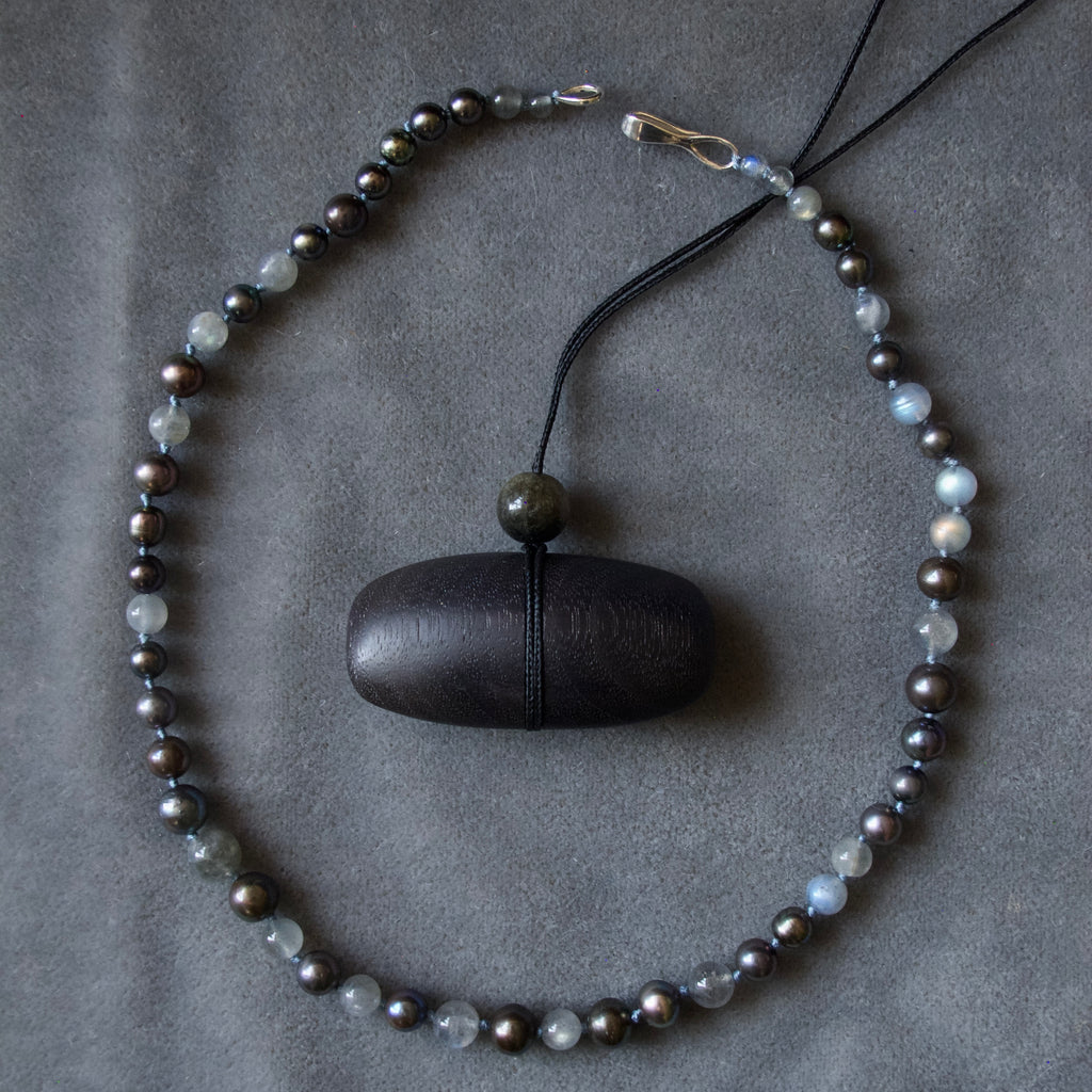 Hand Carved Blackened Walnut Pendant with Obsidian