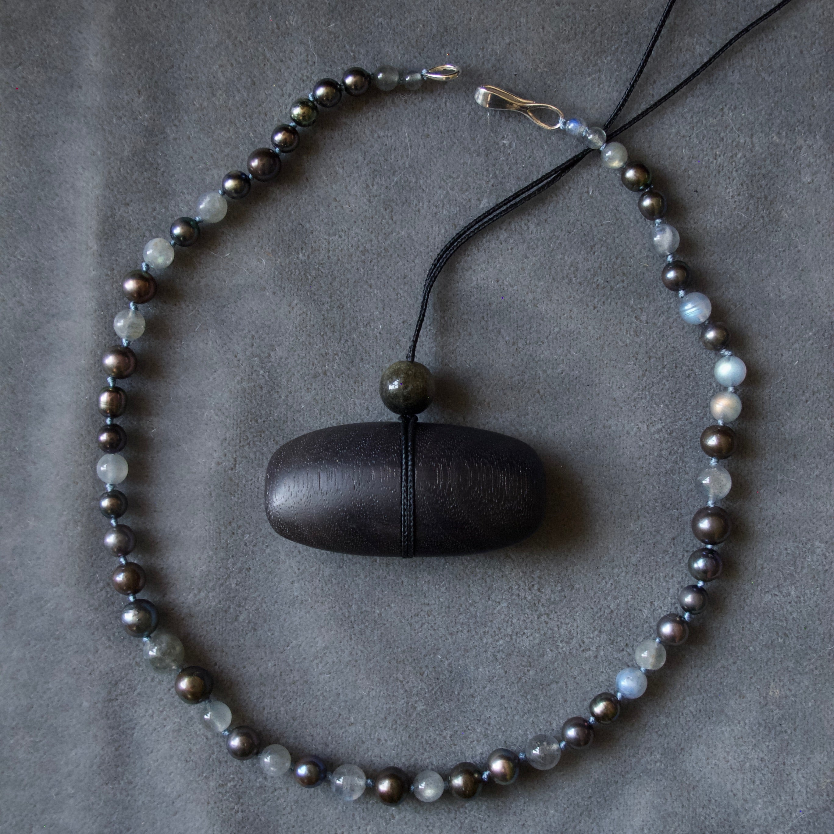 Hand Carved Blackened Walnut Pendant with Obsidian