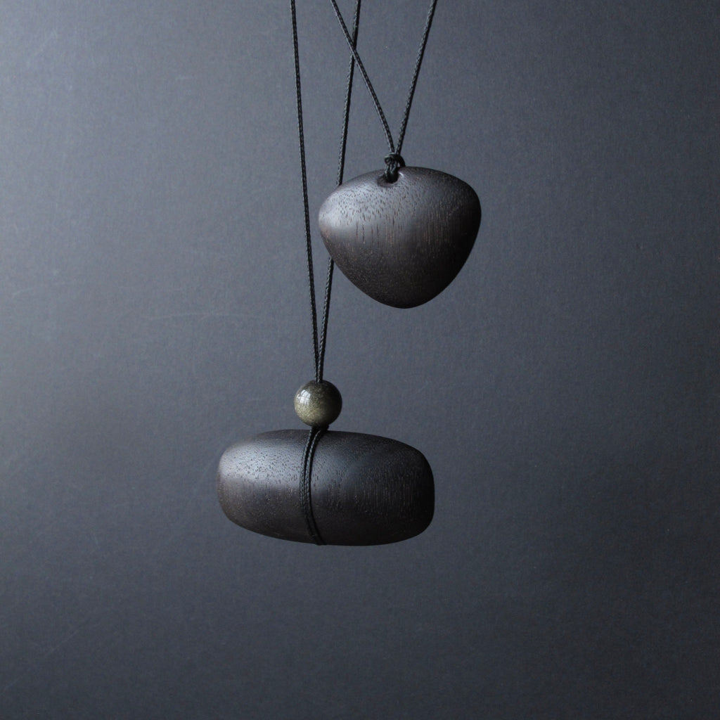 Hand Carved Blackened Walnut Pendant with Obsidian