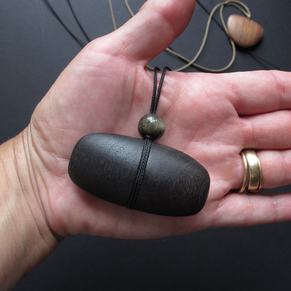 Hand Carved Blackened Walnut Pendant with Obsidian