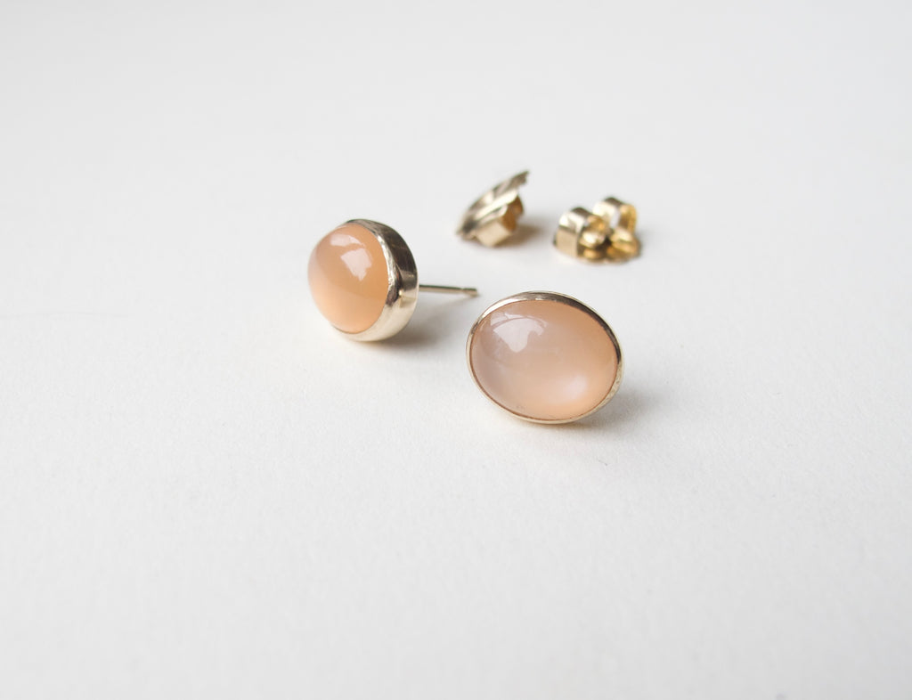 Pink Moonstone Oval Cabochon Stud Earrings