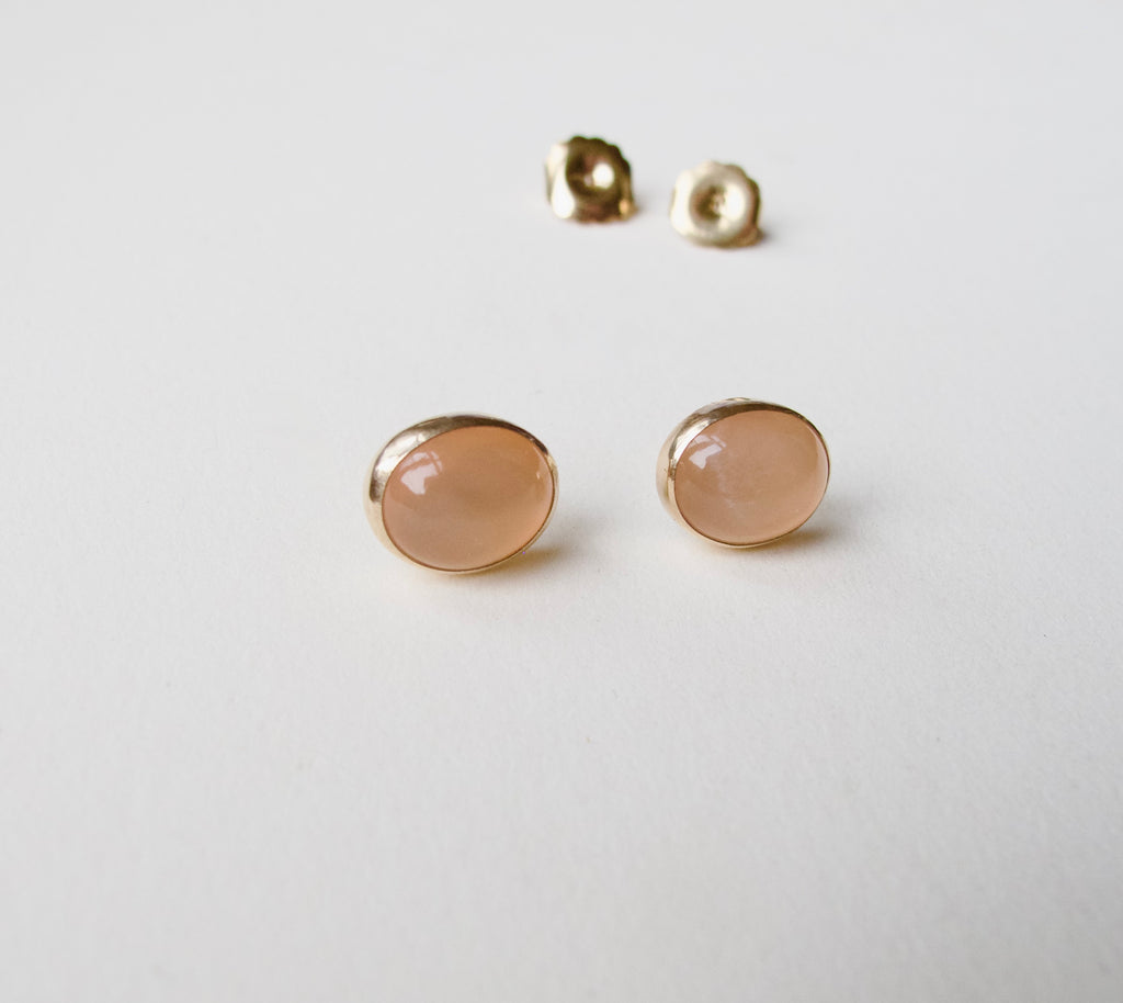 Pink Moonstone Oval Cabochon Stud Earrings