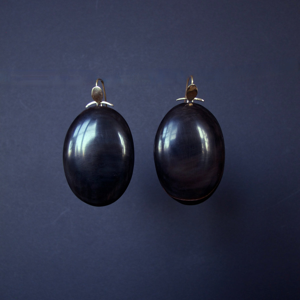 Large Oval Black Horn Earrings with 14K gold