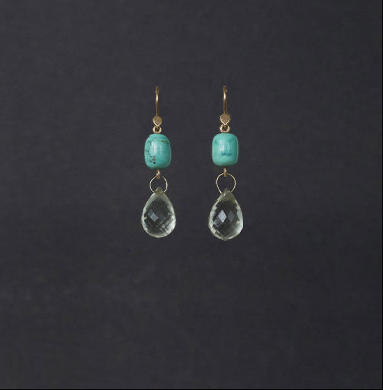 A pair of gold-tone drop earrings featuring a small turquoise cabochon and a faceted clear teardrop gemstone, displayed against a dark charcoal background.