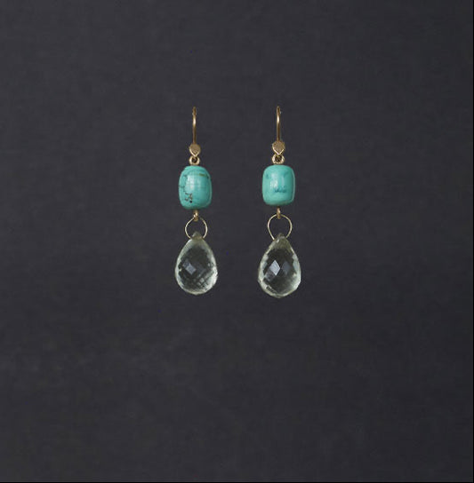 A pair of gold-tone drop earrings featuring a small turquoise cabochon and a faceted clear teardrop gemstone, displayed against a dark charcoal background.